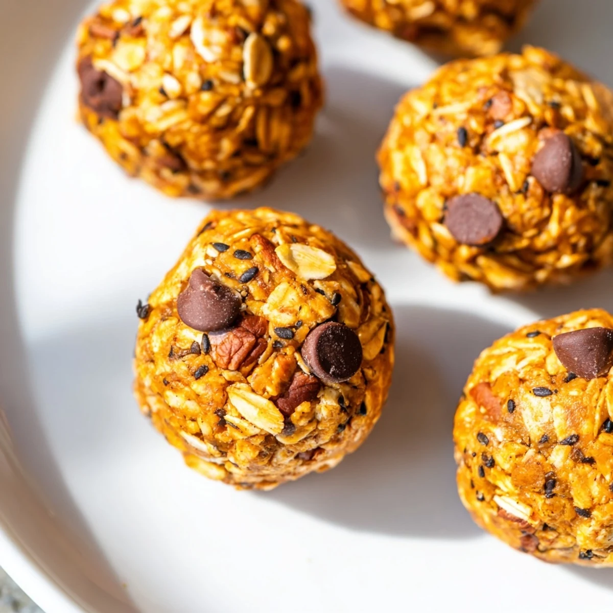 No Bake Pumpkin Protein Balls coated in chocolate chips on a rustic parchment-lined tray