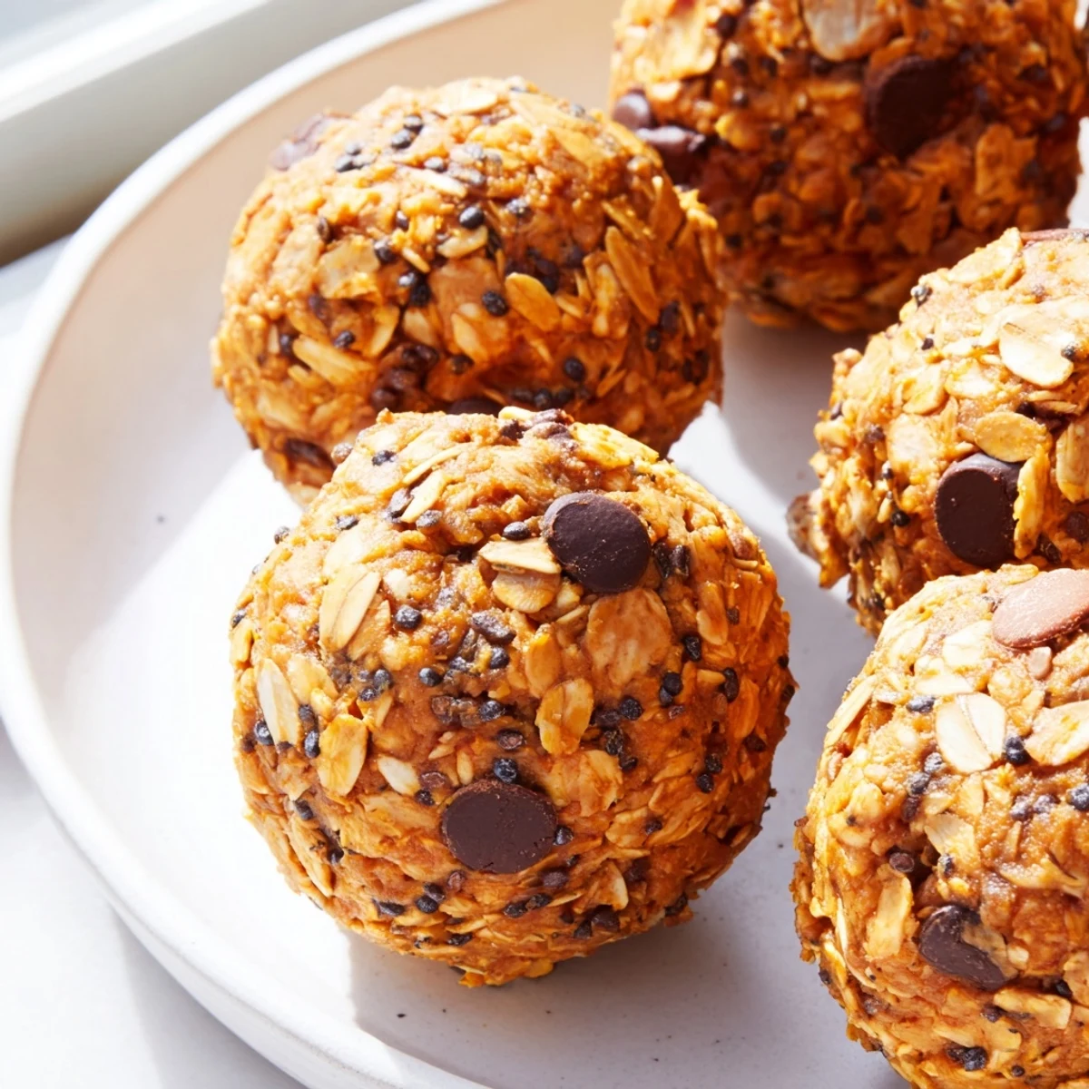 Doughy No Bake Pumpkin Protein Balls studded with pecans beside a jar of maple syrup