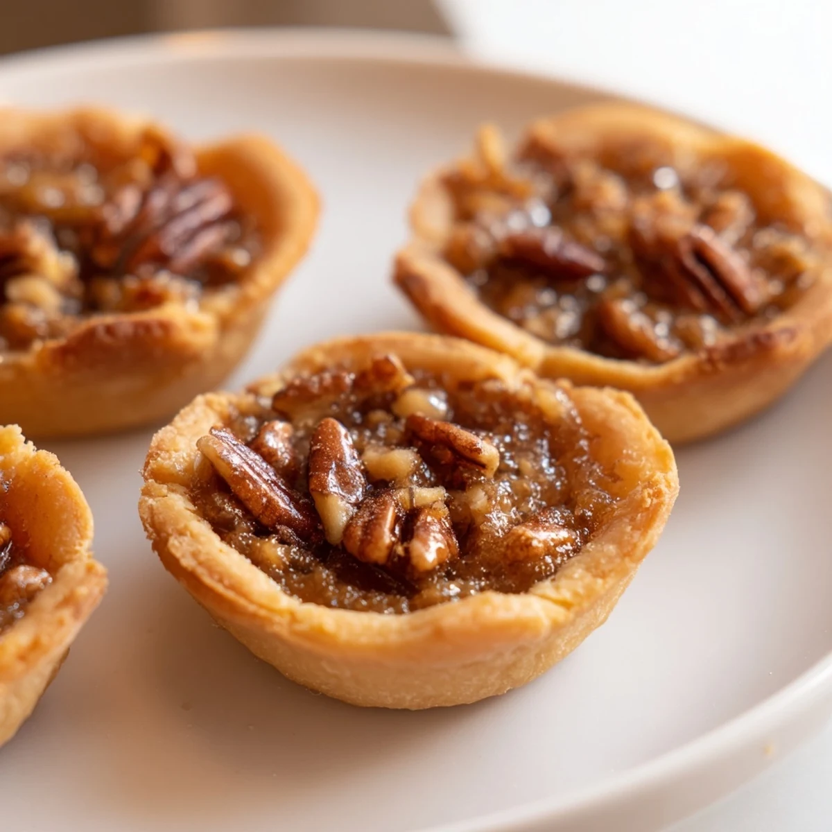 Golden mini pecan pies with caramelized filling nestled in flaky buttery crusts on a wire rack
