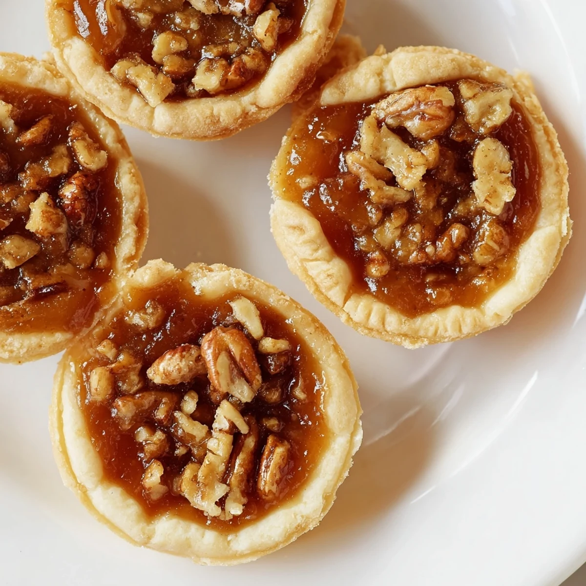 Mini pecan pies topped with crunchy toasted nuts and gooey syrup on a rustic baking tray