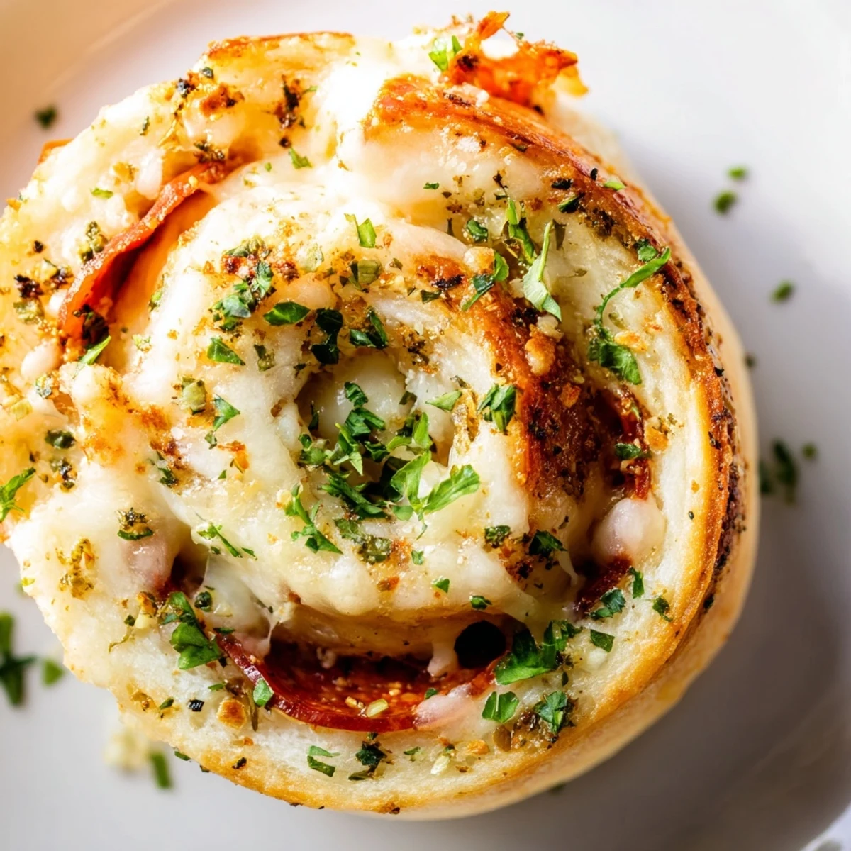 Soft baked pepperoni pizza roll breadsticks brushed with herb butter ready for gameday dipping