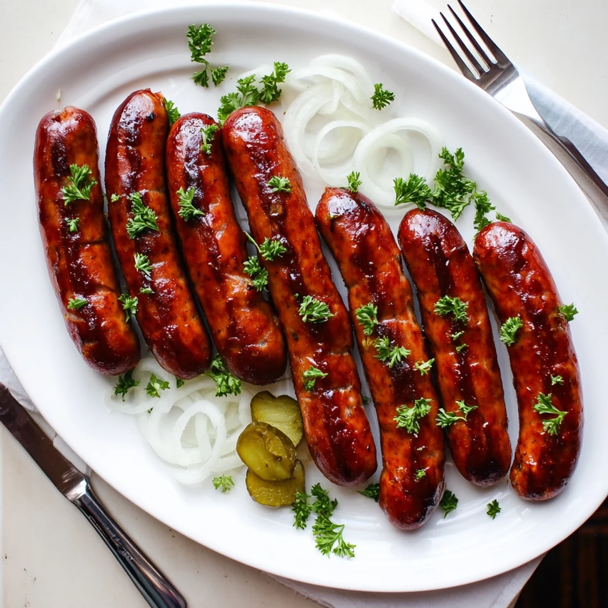 Smoky BBQ sausage recipe served on soft rolls with parsley and caramelized edges.