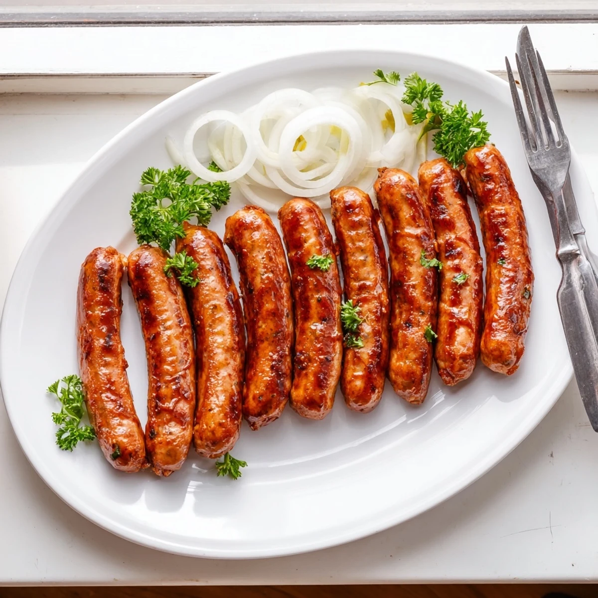 Juicy grilled sausages glistening with tangy barbecue sauce glaze on a summer cookout platter.