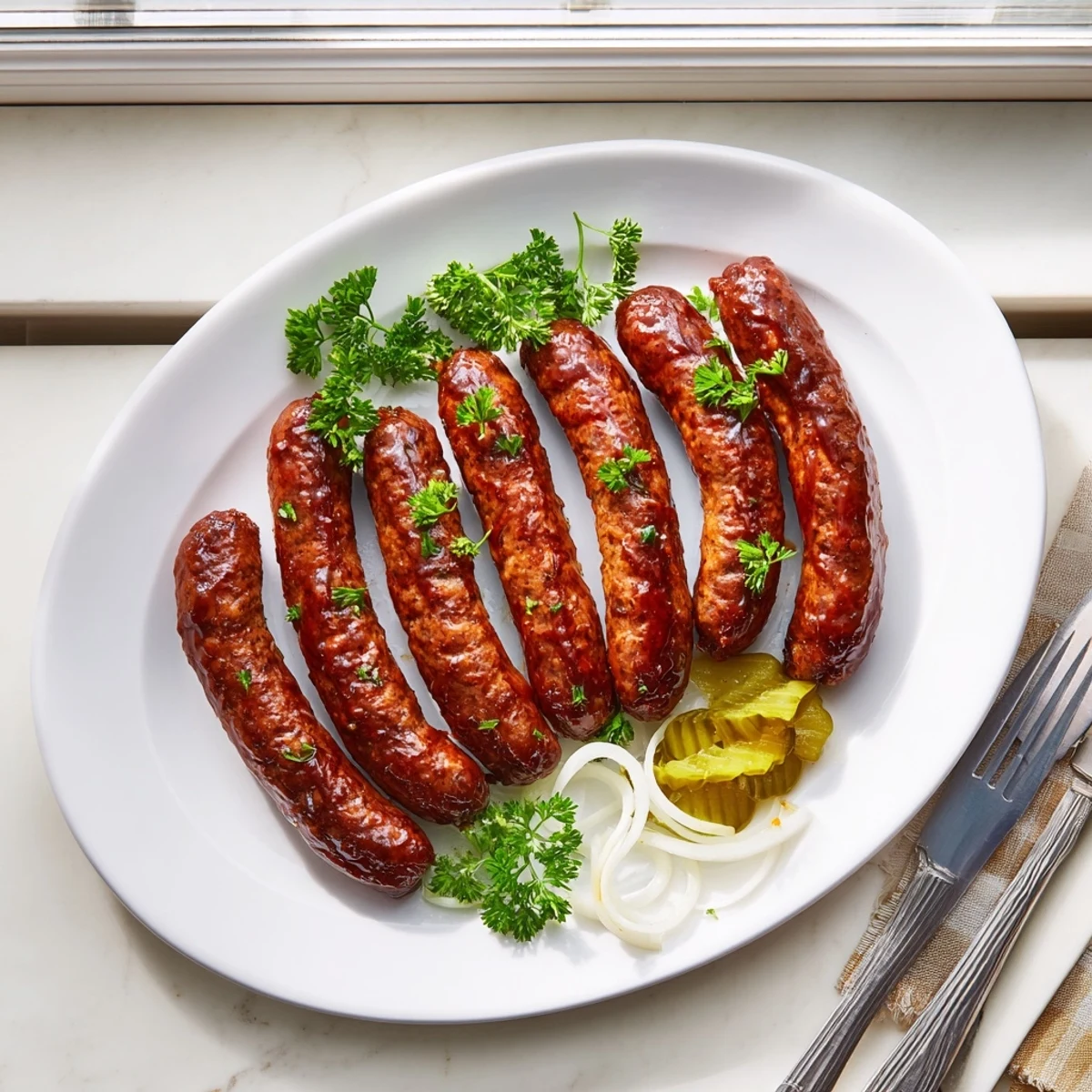 Golden brown sausages brushed with sweet sticky BBQ glaze alongside sliced onions and pickles.