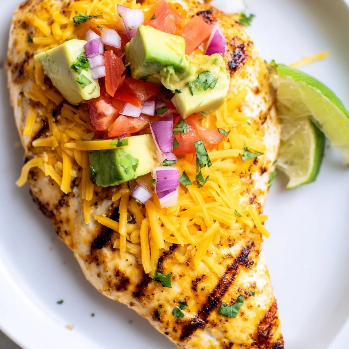 Juicy fiesta lime chicken garnished with diced avocado, tomato, and lime wedges