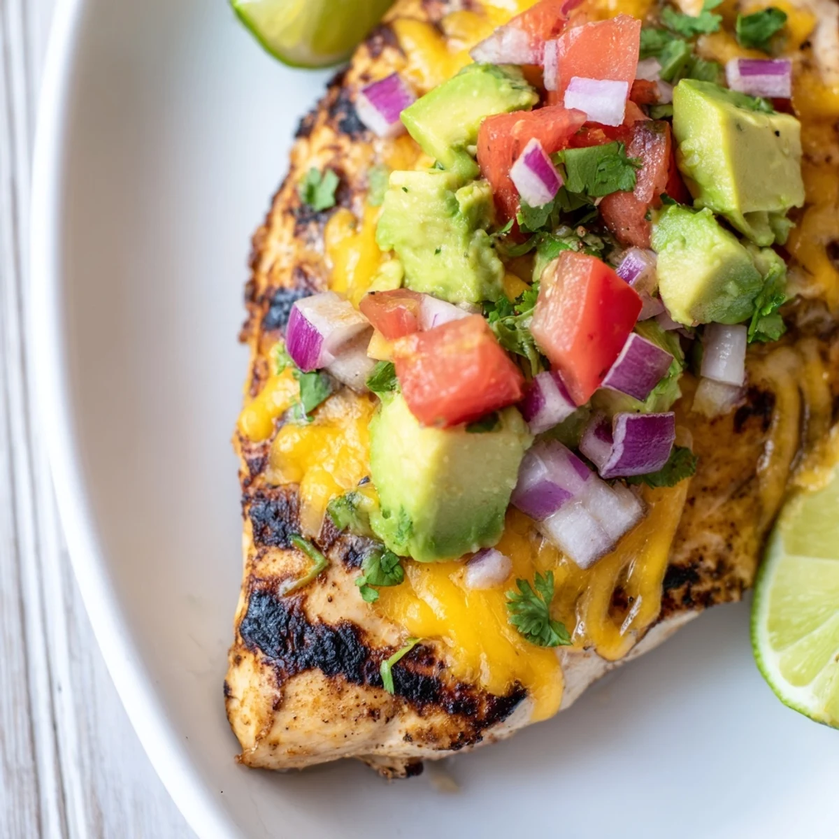 Sizzling skillet-cooked fiesta lime chicken with avocado salsa on a white plate