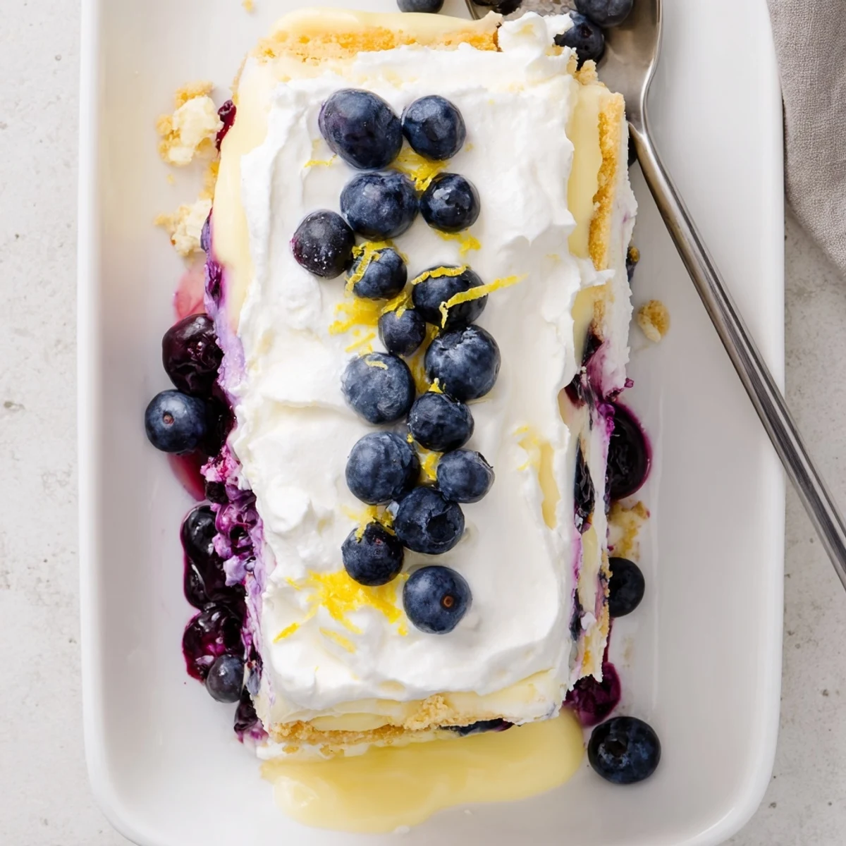 No-bake lemon blueberry lasagna garnished with fresh berries and bright lemon zest
