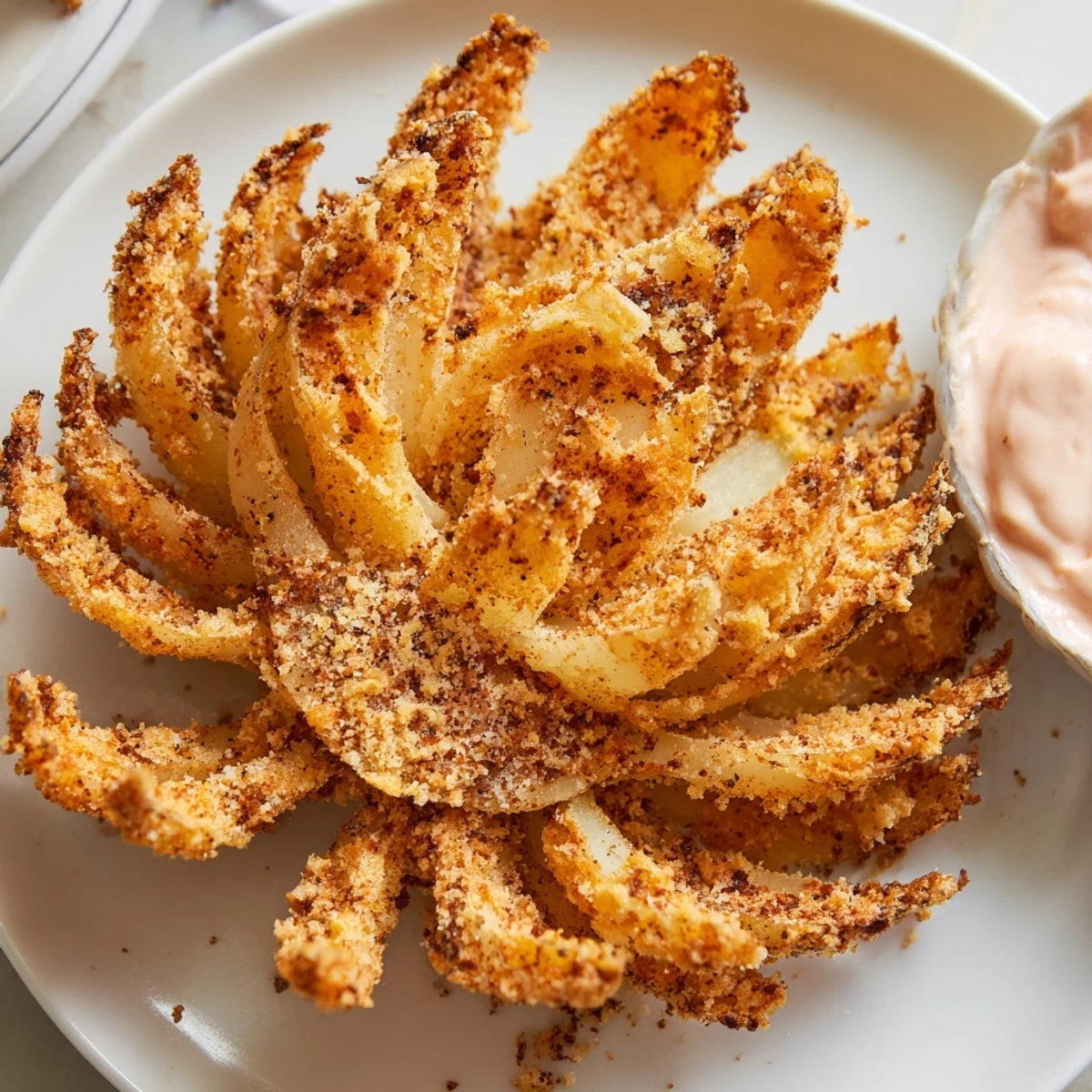 Deep-fried mini bloomin onions with crunchy paprika-spiced petals on a platter