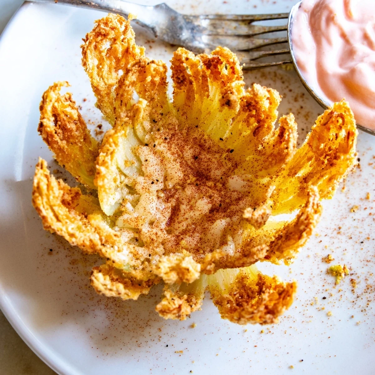 Six miniature bloomin onions stacked together, steaming hot with ranch drizzle