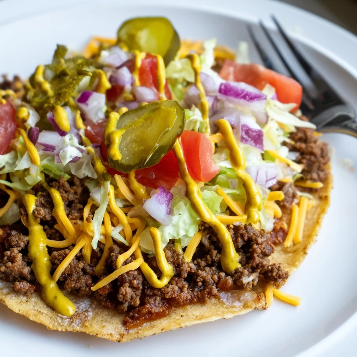 Crispy smash burger tacos topped with melted cheddar, lettuce, and tangy sauce.