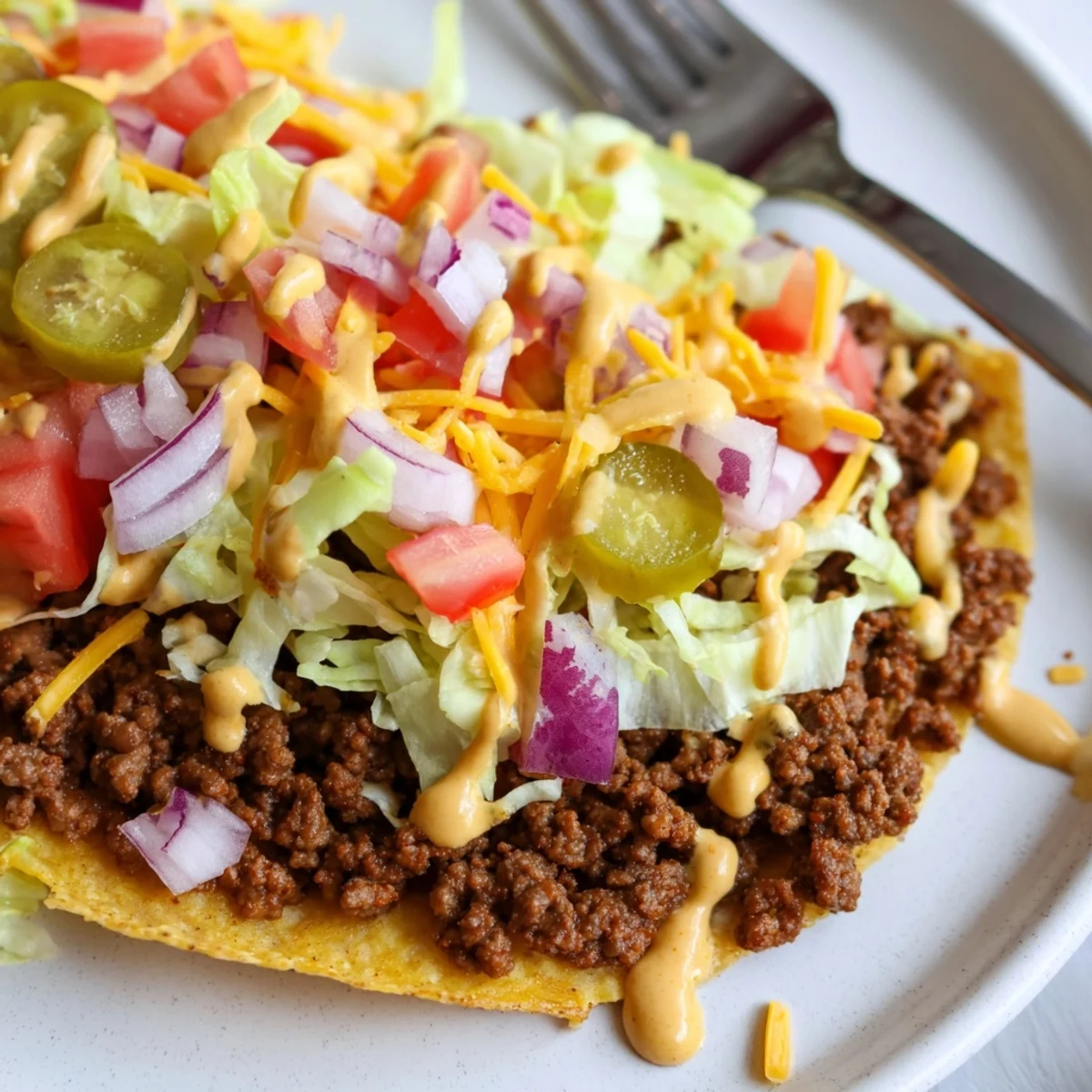 Golden flour tortillas layered with seasoned smashed beef and shredded cheese.
