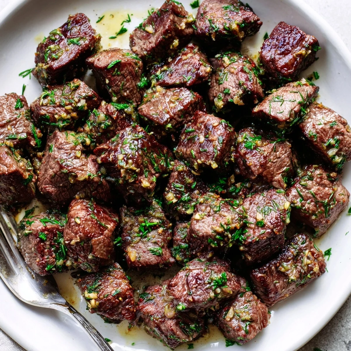 Pan-seared Cowboy Butter Steak Bites sizzling, tossed in zesty garlic herb sauce.