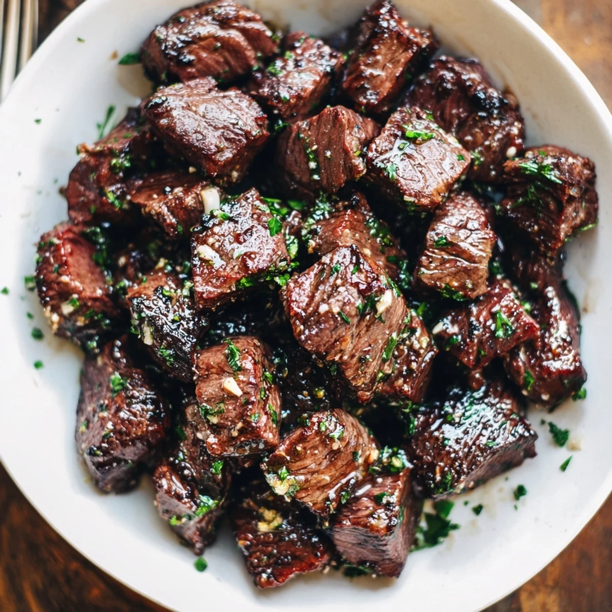 Cowboy Butter Steak Bites glistening with herb butter, served on wooden board.