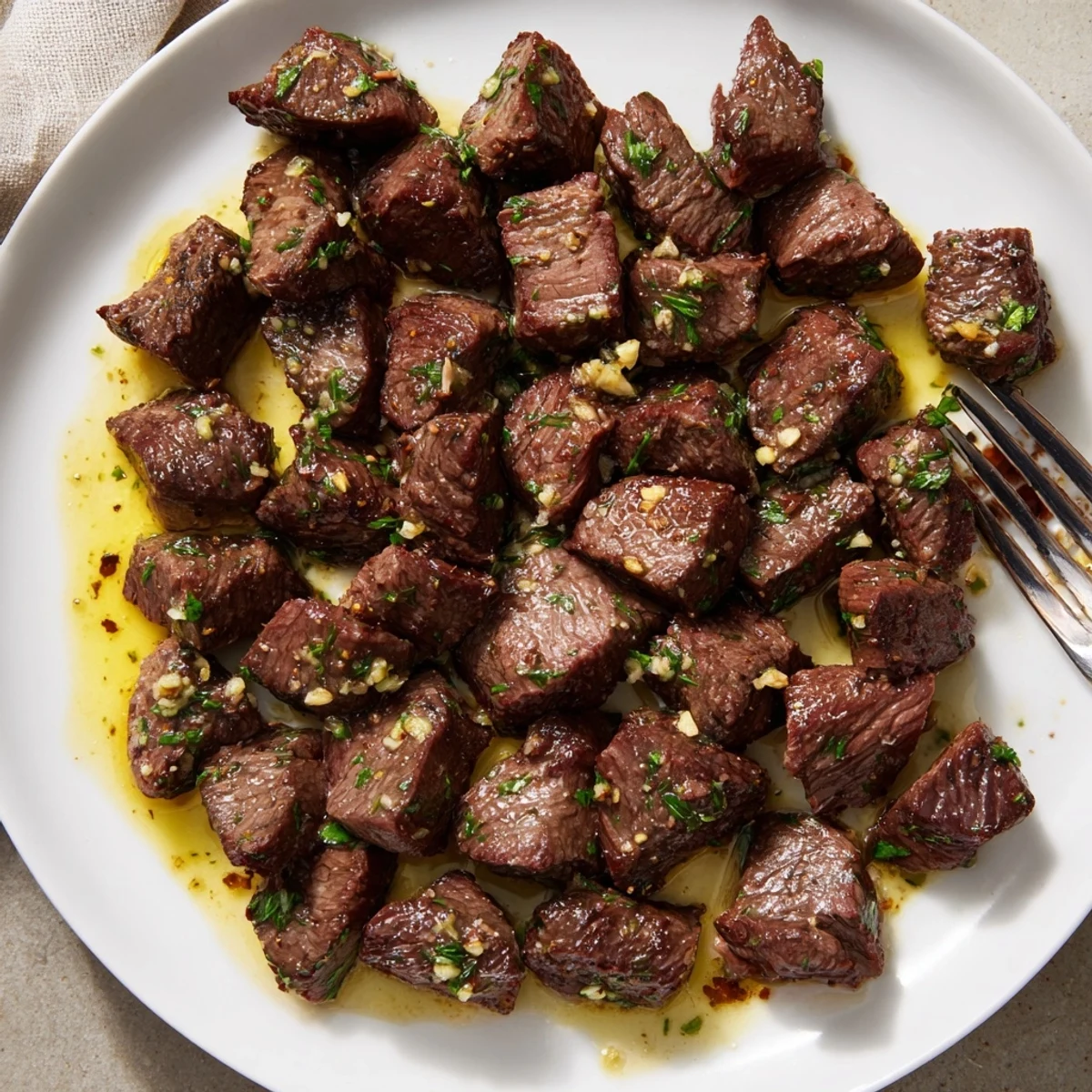 Hearty Cowboy Butter Steak Bites piled beside roasted potatoes, bright lemon zing.