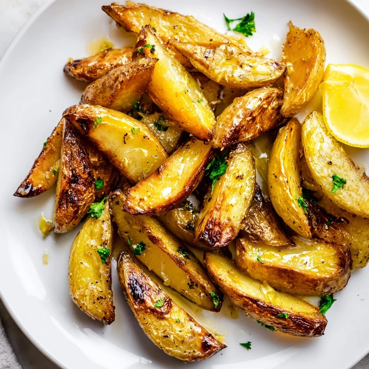 Warm Authentic Greek Lemon Potatoes Recipe served with parsley, crisp edges, tender centers