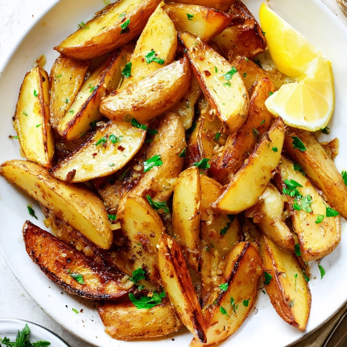 Authentic Greek Lemon Potatoes Recipe: golden wedges roasted, citrusy aroma, herb-sprinkled
