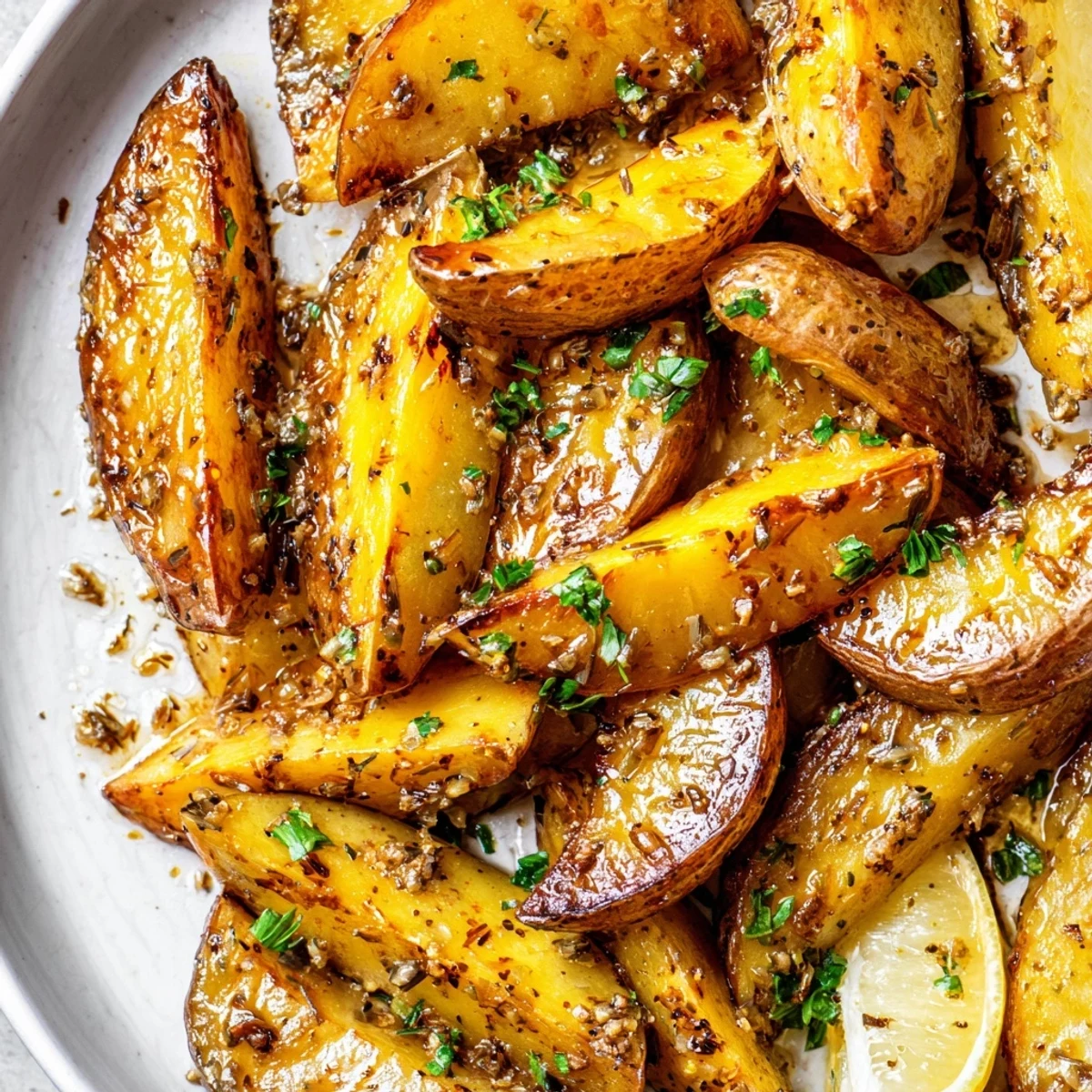 Oven-roasted Authentic Greek Lemon Potatoes Recipe glistening in lemon-garlic pan juices
