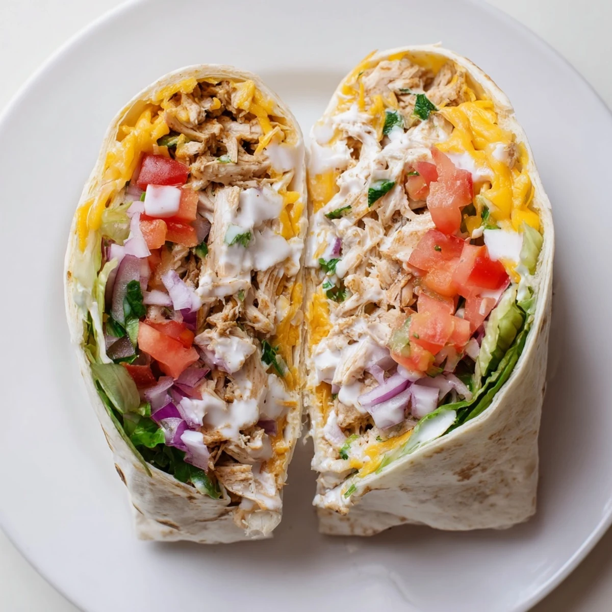 Cheesy Garlic Chicken Wraps on plate with avocado and crisp tomato.