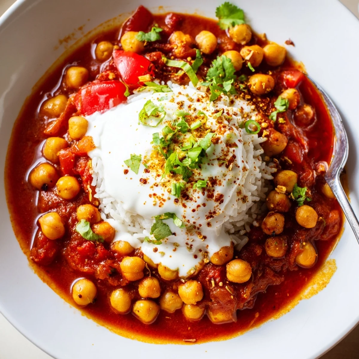 Creamy Greek Yogurt Chickpea Curry steaming in skillet, garnished with cilantro.