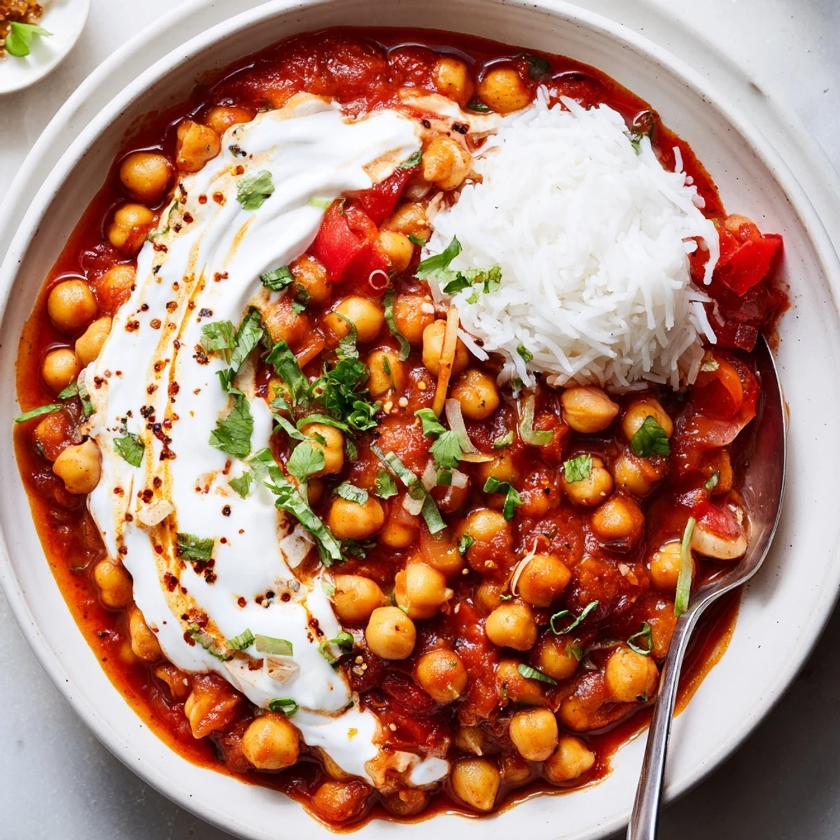 Warm Greek Yogurt Chickpea Curry with tender chickpeas, tangy yogurt, naan.