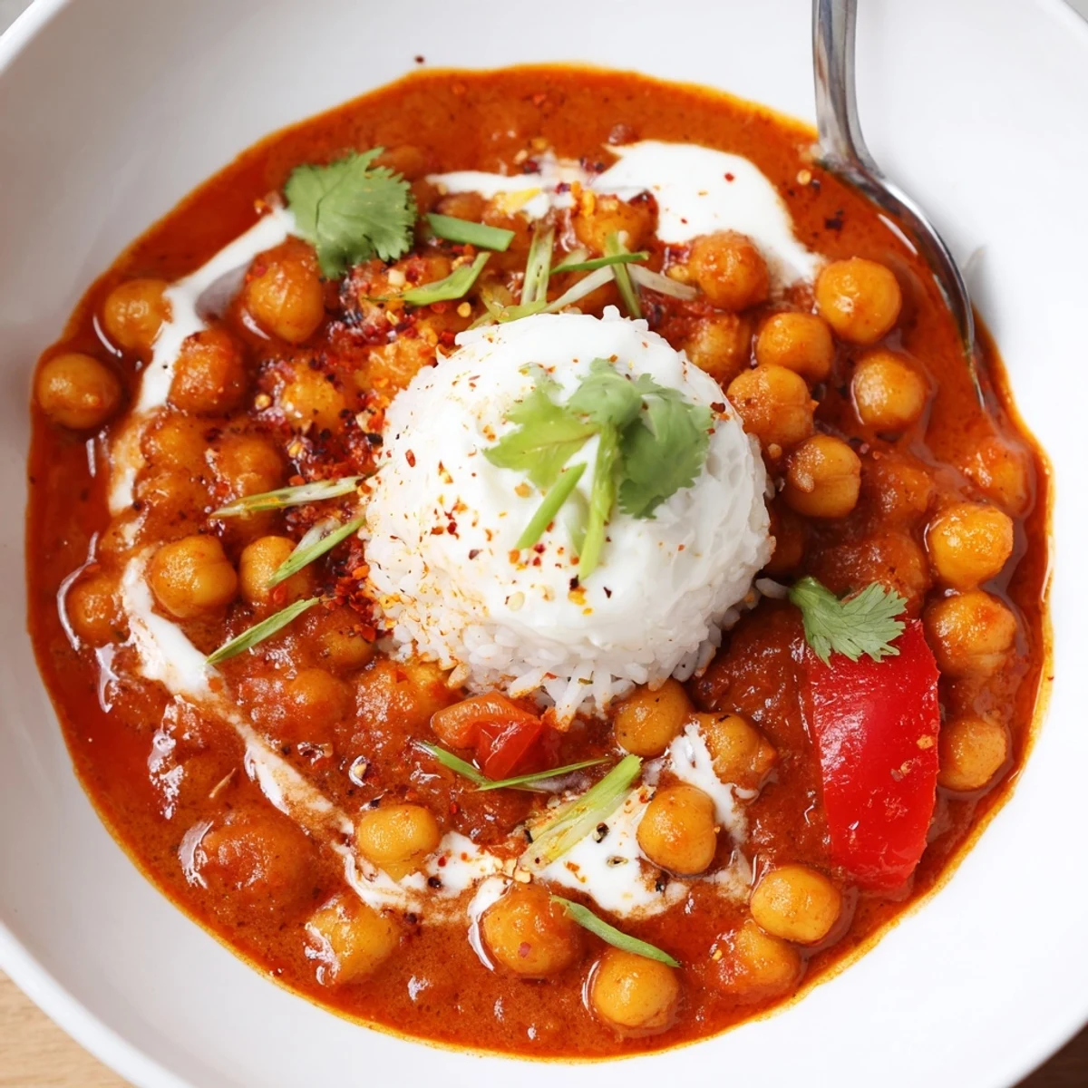 Hearty Greek Yogurt Chickpea Curry over fluffy basmati rice, fragrant spices.