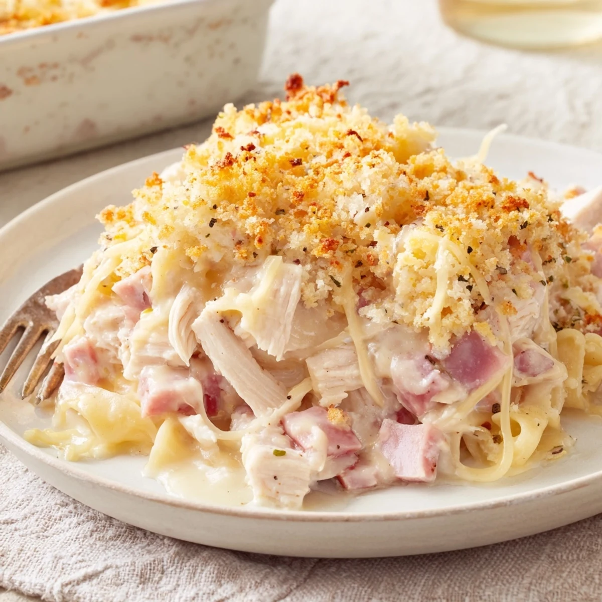 Chicken Cordon Bleu Casserole Recipe bubbling golden with crispy Panko topping, creamy Dijon sauce