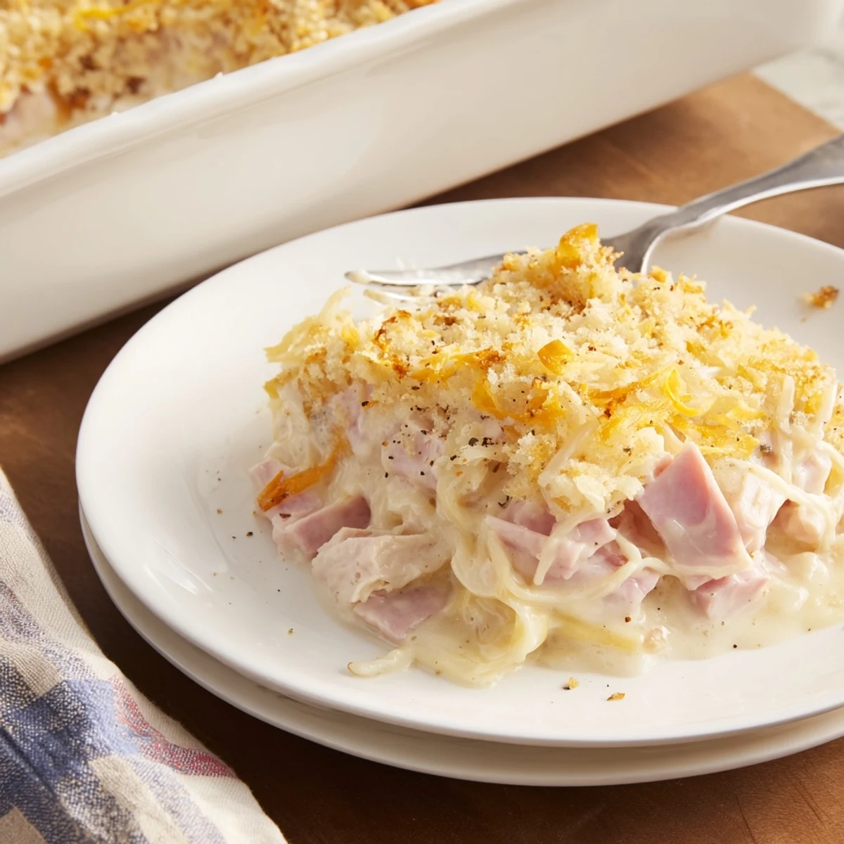 Family-style Chicken Cordon Bleu Casserole Recipe served with crisp green salad and Chardonnay