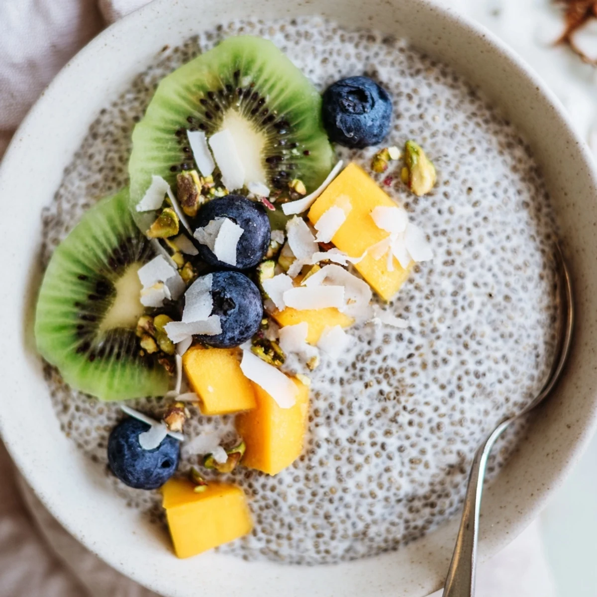 Coconut Chia Pudding topped with fresh mango and toasted coconut flakes