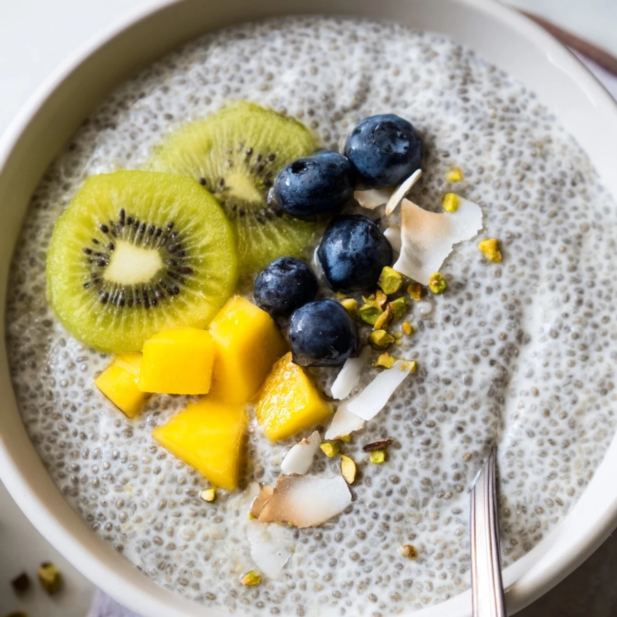 Silky Coconut Chia Pudding chilled overnight, garnished with berries and almonds