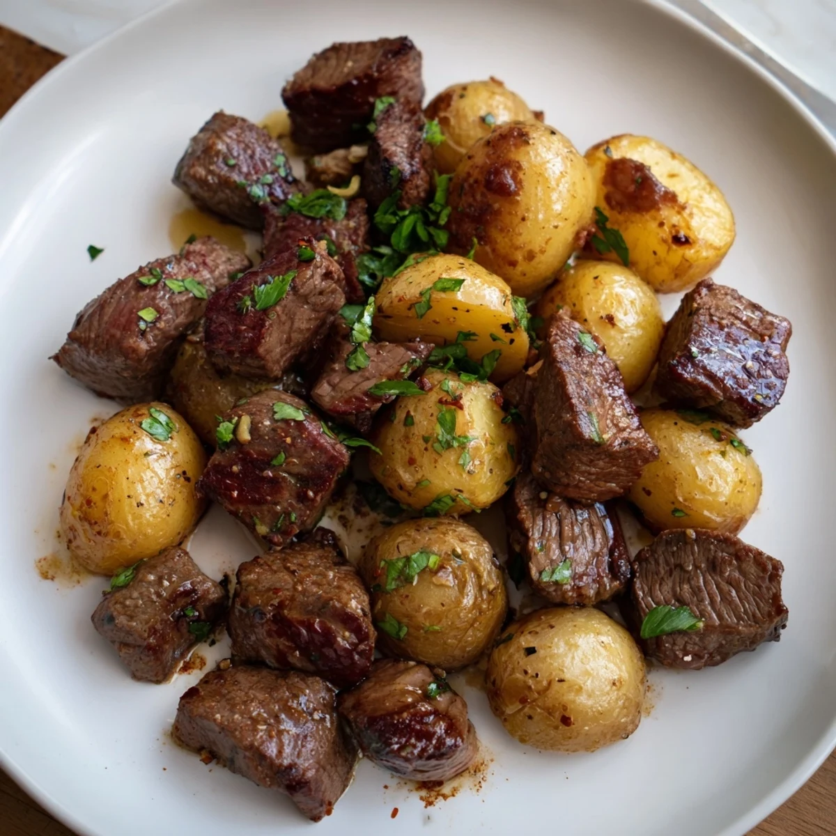 Garlic Steak Bites and Potatoes glisten in butter, golden and sizzling  