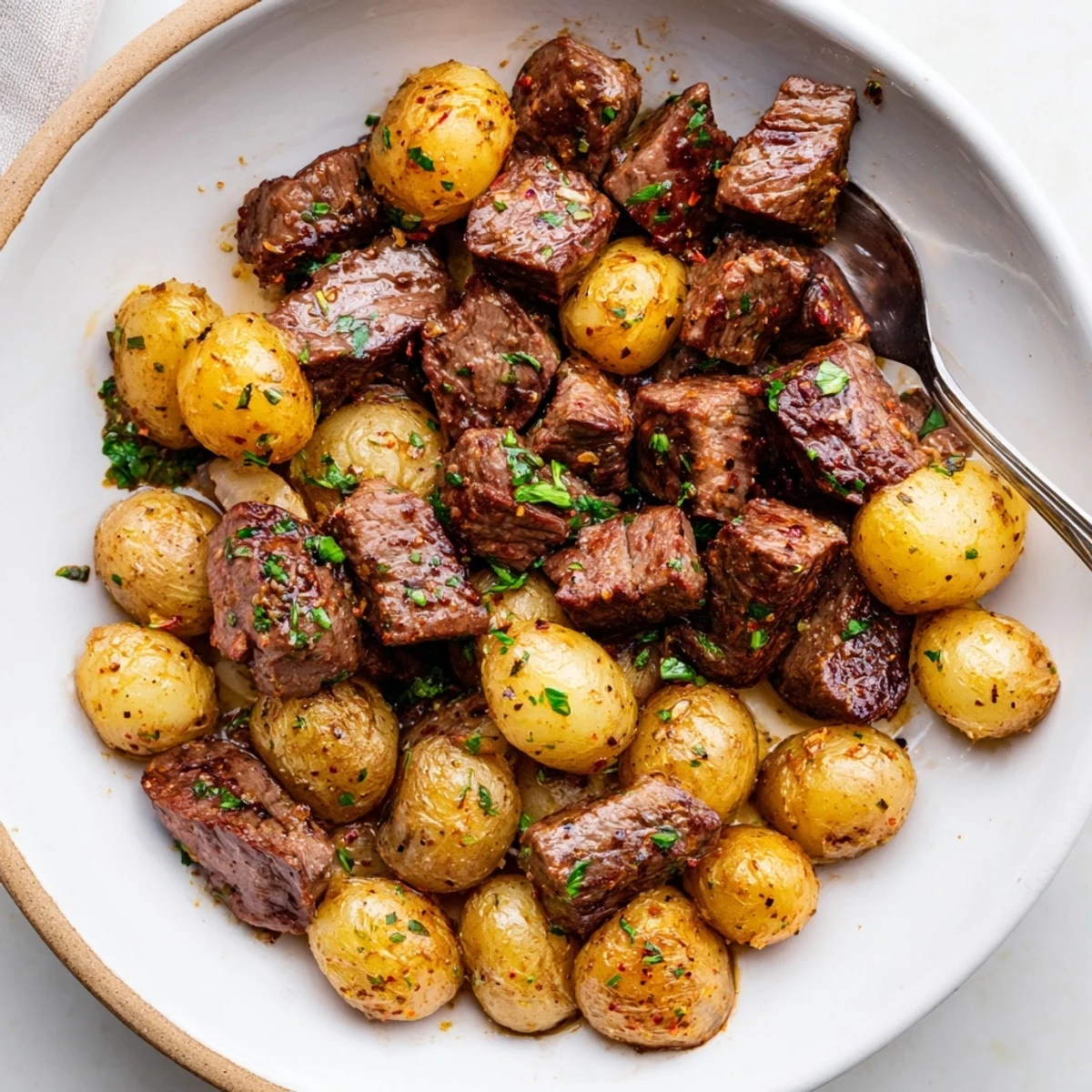 Warm Garlic Steak Bites and Potatoes piled on a skillet, parsley sprinkled  