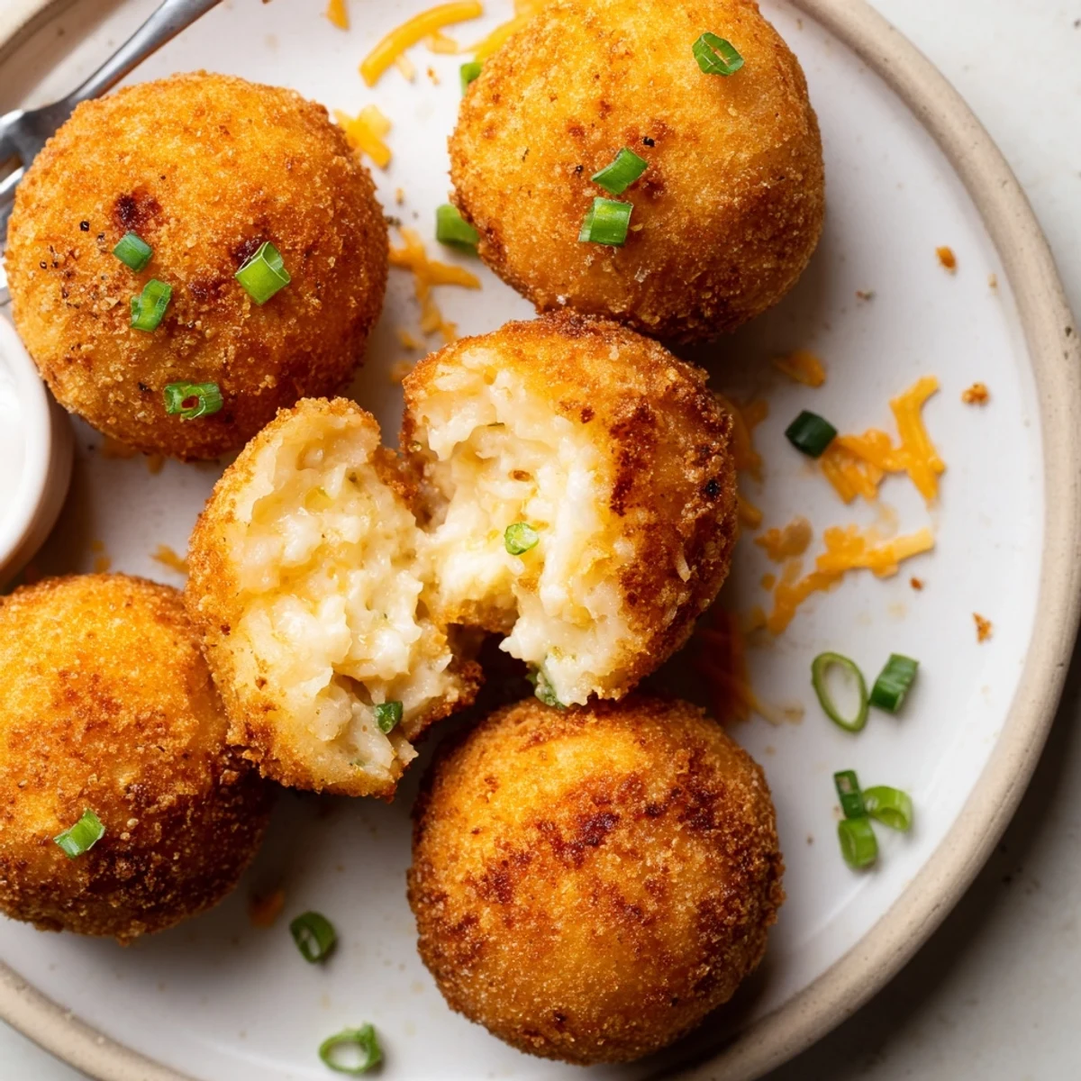 Crispy golden Fried Mashed Potato Balls served hot with creamy ranch dip