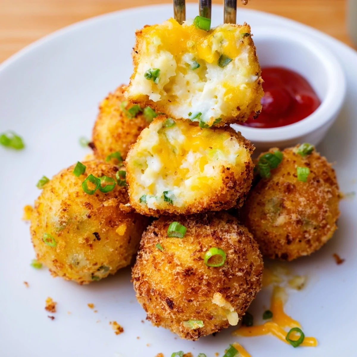 Tray of freshly golden Fried Mashed Potato Balls beside spicy ketchup