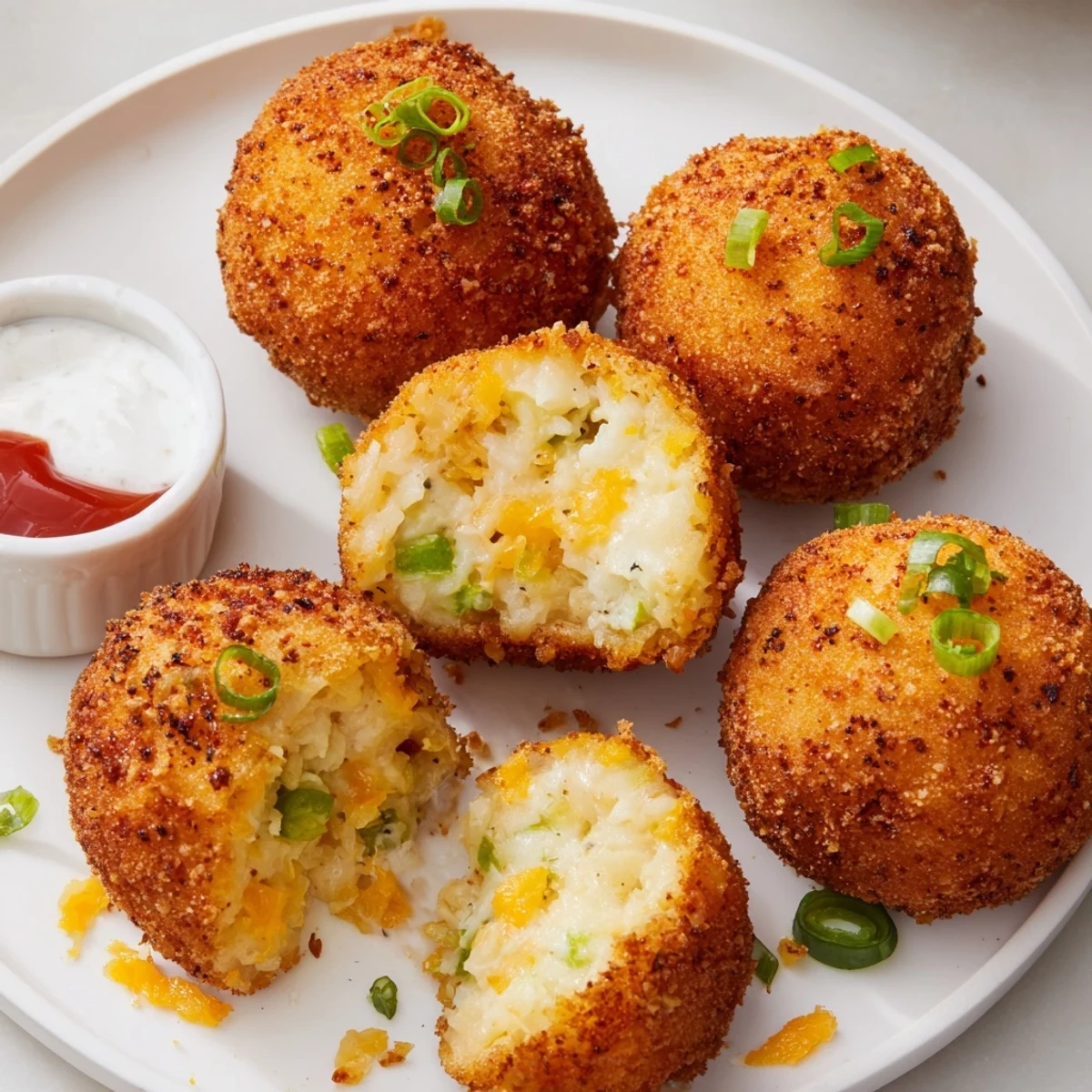 Close-up of Fried Mashed Potato Balls revealing cheesy, steaming, pillowy centers