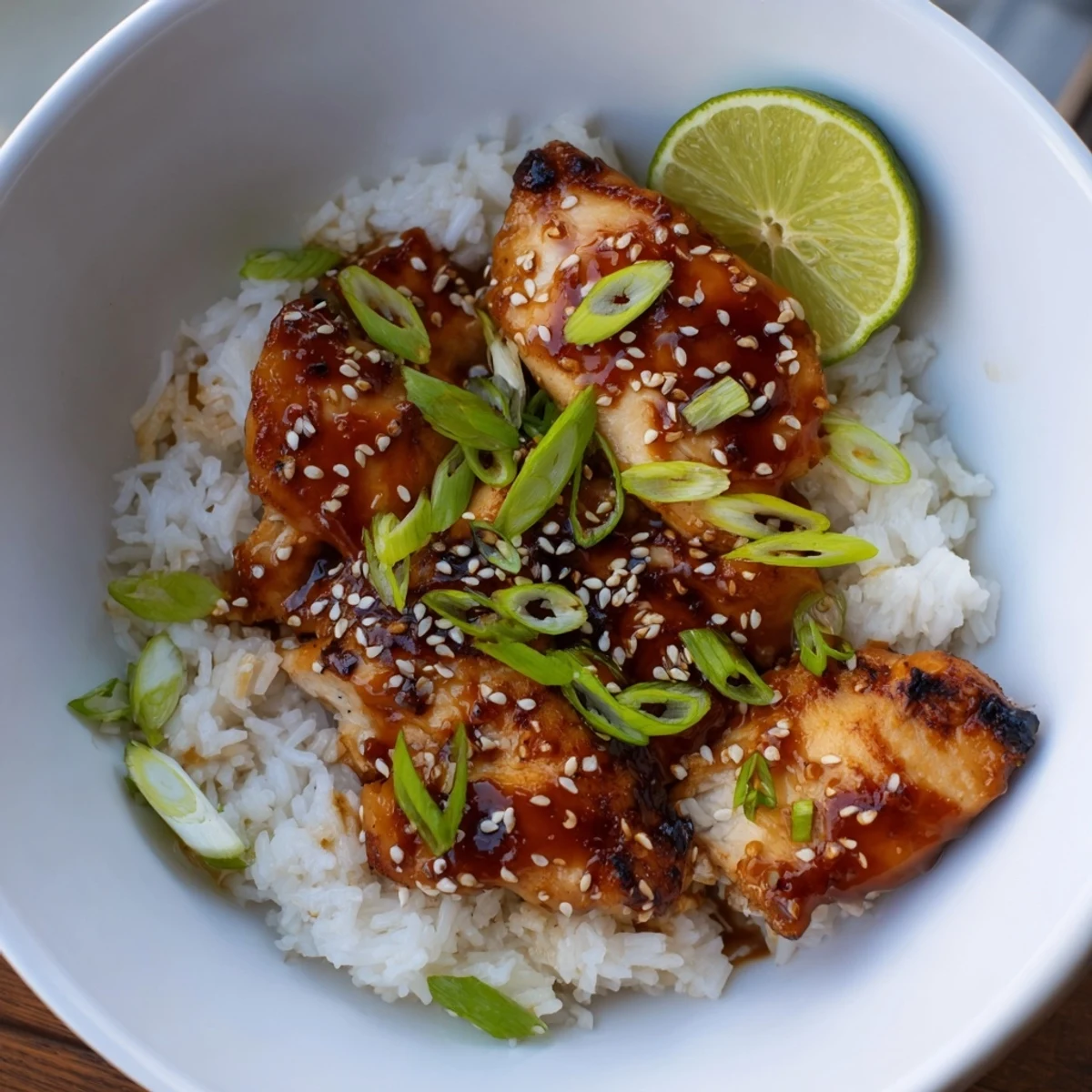 Spicy Maple Chicken And Coconut Rice plated with glossy maple glaze and lime