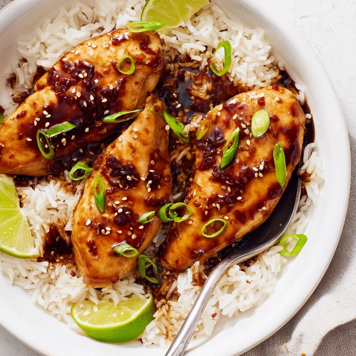 Seared Spicy Maple Chicken And Coconut Rice topped with sliced green onions