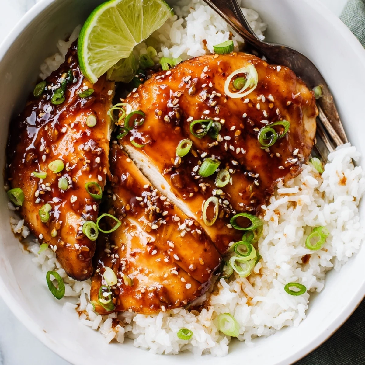 Fork-ready Spicy Maple Chicken And Coconut Rice finished with sticky glaze and sesame