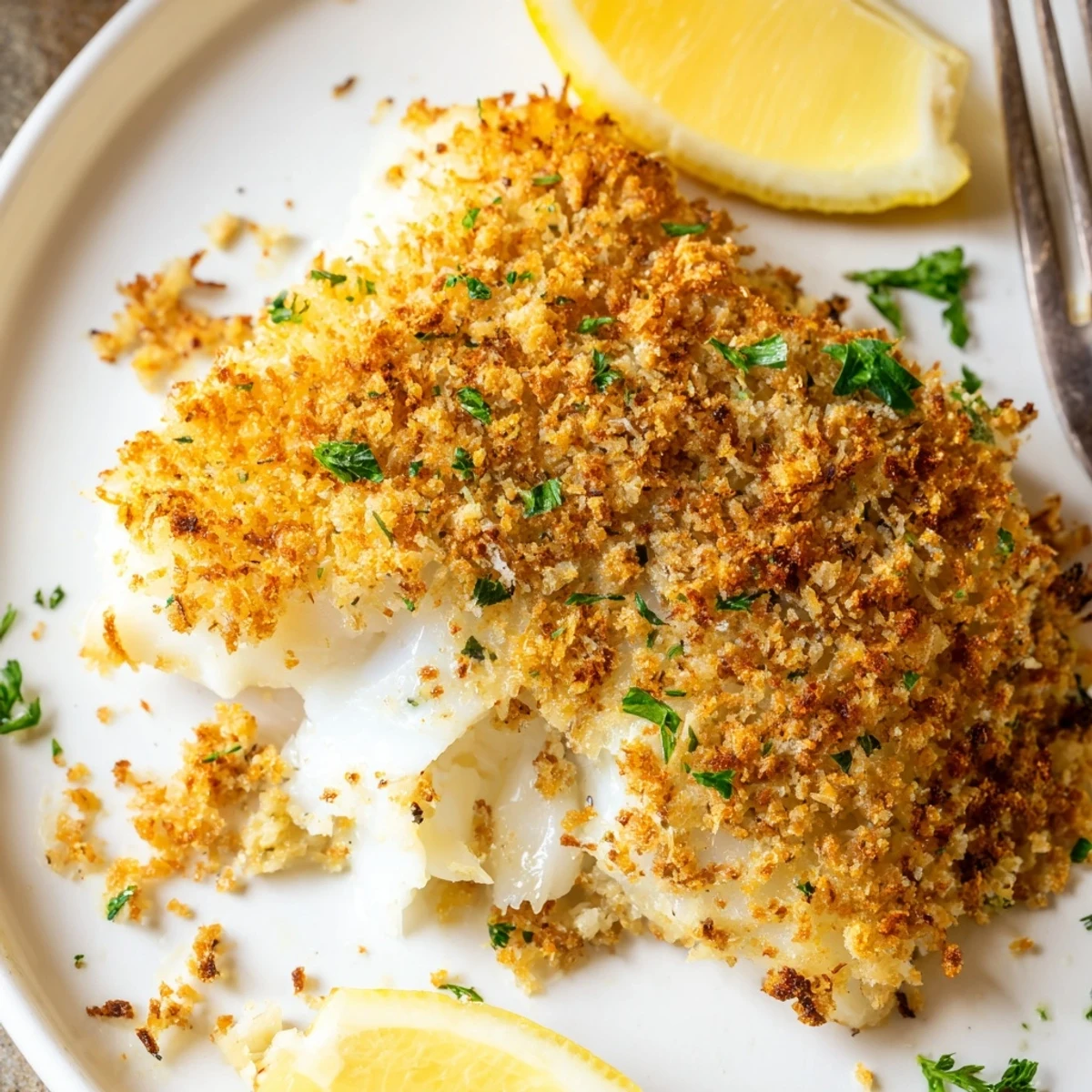 Golden breadcrumb crust on Boston Baked Cod, steaming with lemon wedges