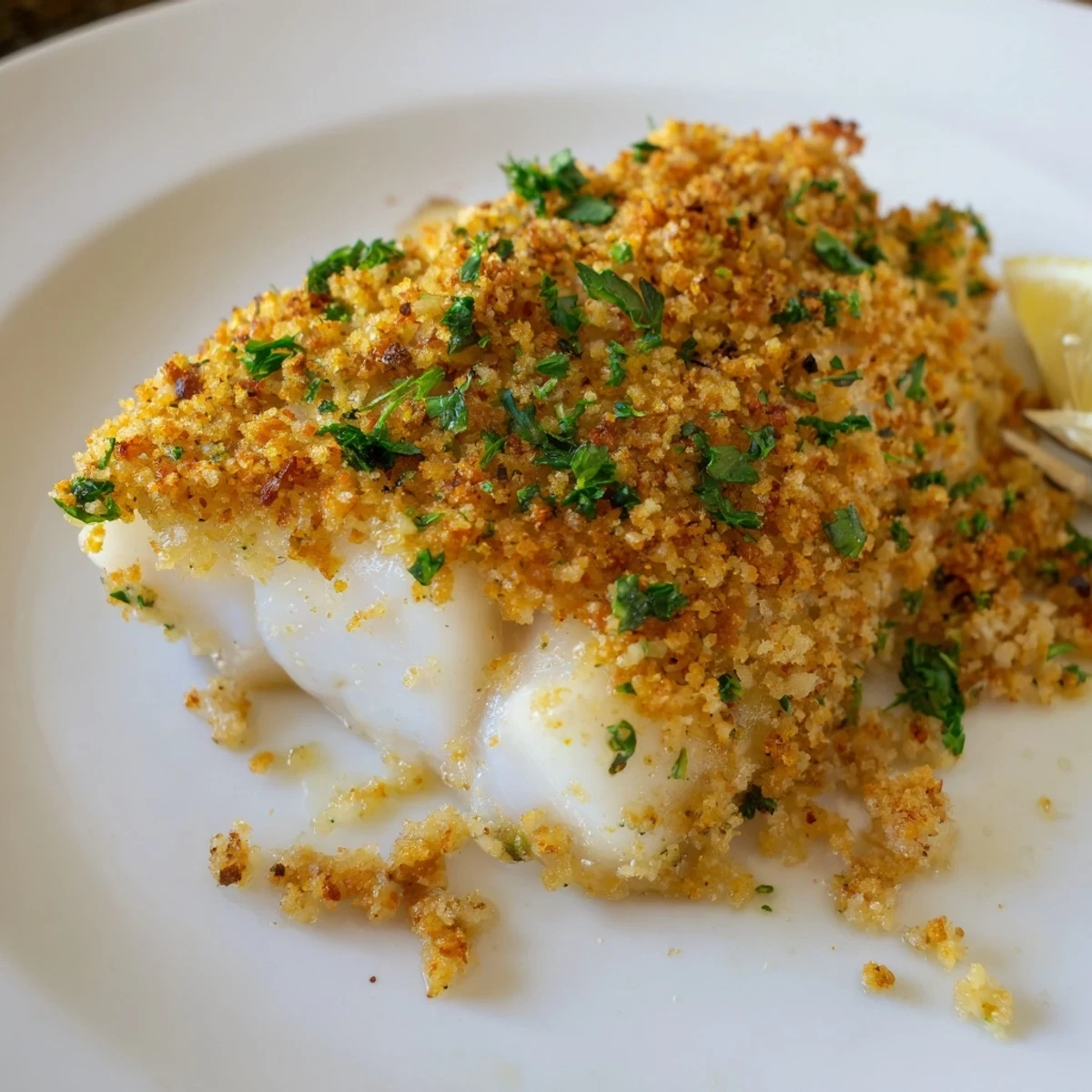 Fresh Boston Baked Cod fillets, tender flakes, parsley-flecked and baked
