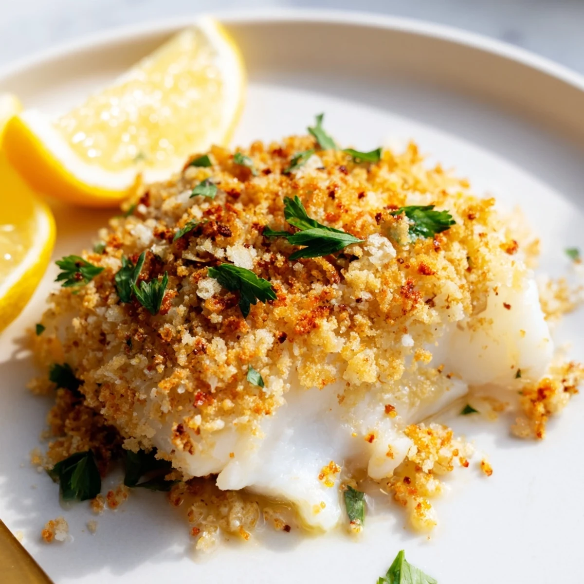 Slice of Boston Baked Cod drizzled with lemon, buttery breadcrumb crunch