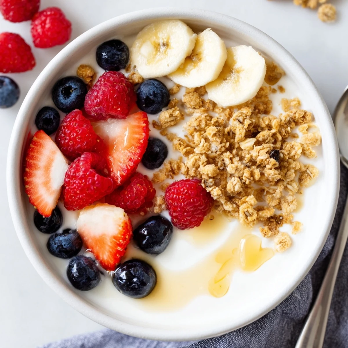 Creamy Cottage Cheese Breakfast Bowl topped with berries, crunchy granola, honey drizzle.  