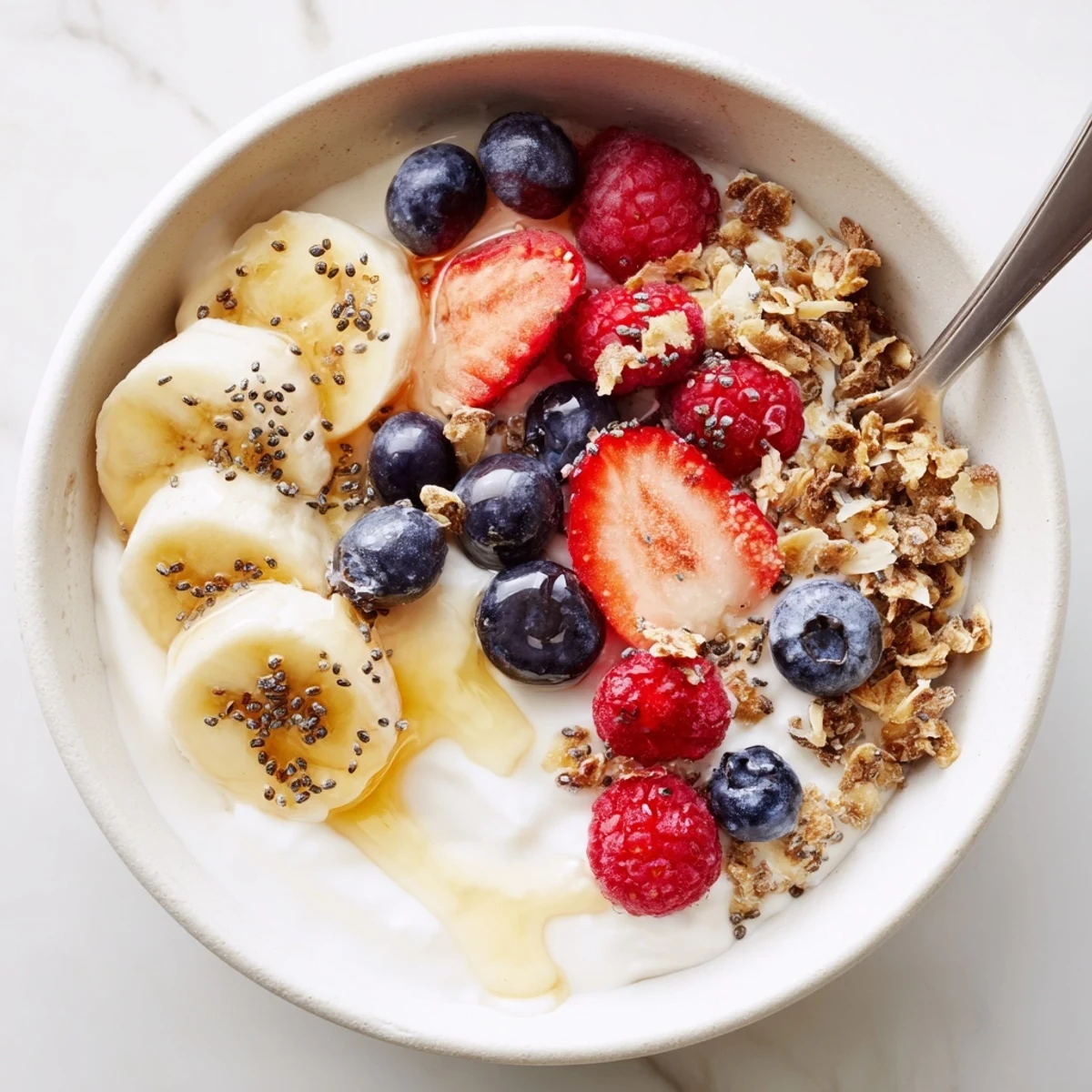 Bright Cottage Cheese Breakfast Bowl with sliced banana, chia seeds, ready to eat.  
