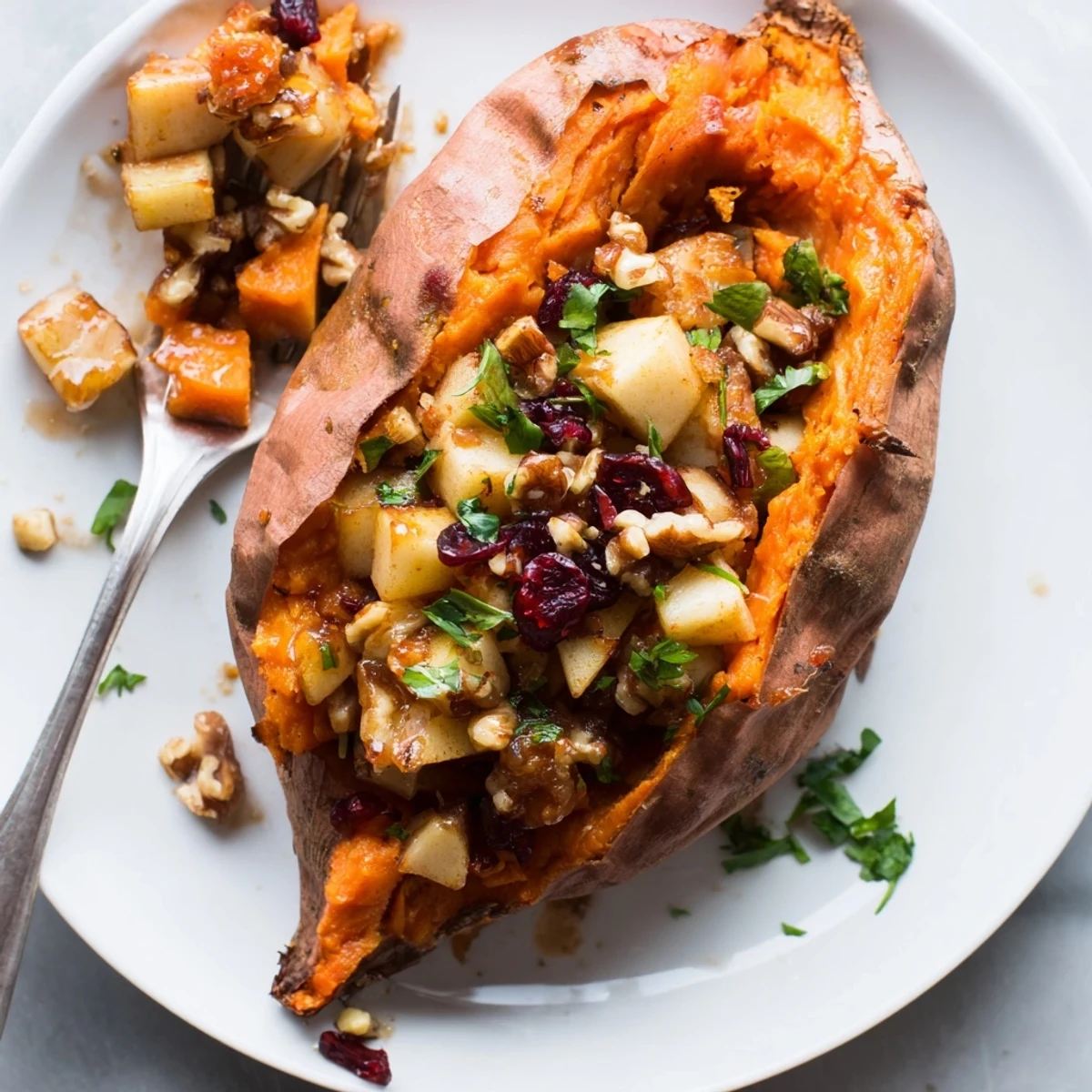 Warm Stuffed Sweet Potatoes With Apples topped with crunchy walnuts and maple.  