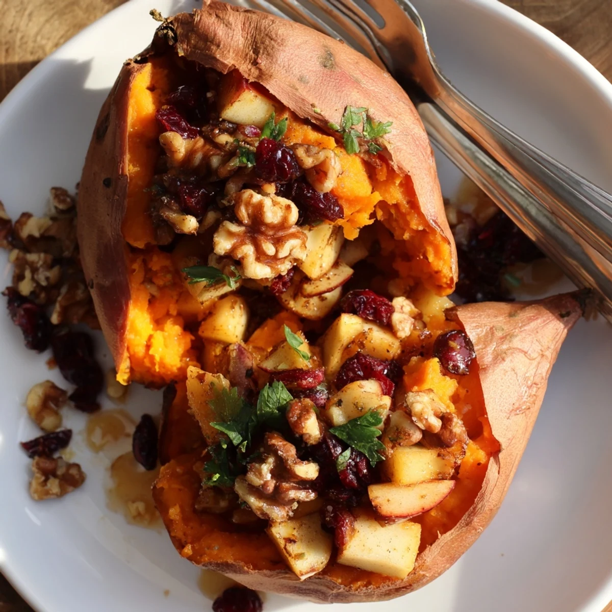 Oven-roasted Stuffed Sweet Potatoes With Apples, fluffed interior and tart apple contrast.