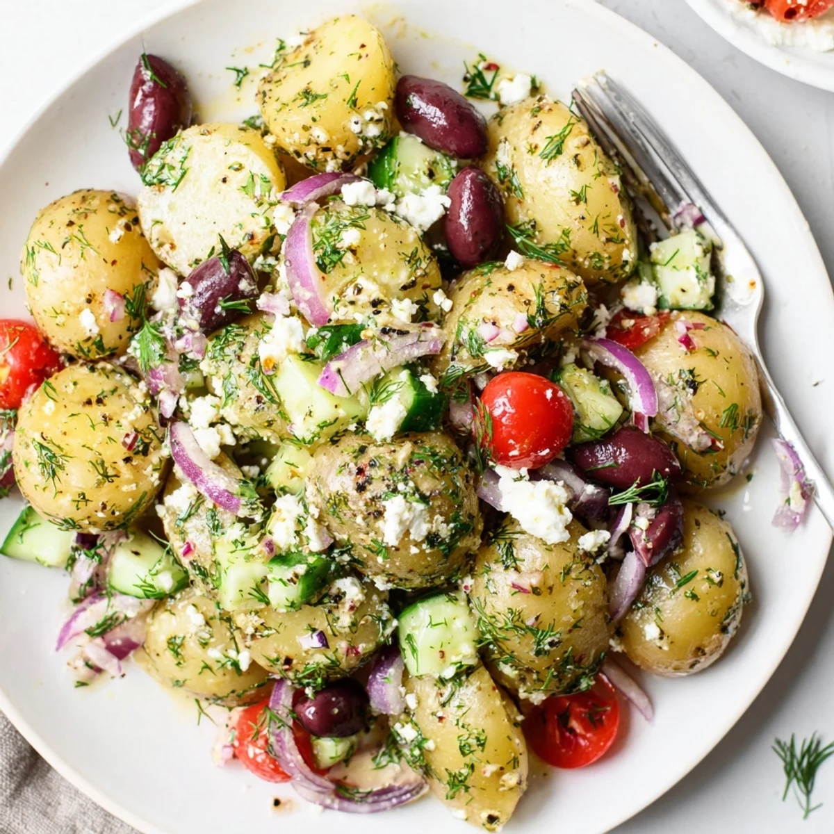 Olive Greek Potato Salad with creamy potatoes, briny Kalamata olives, lemony dressing.