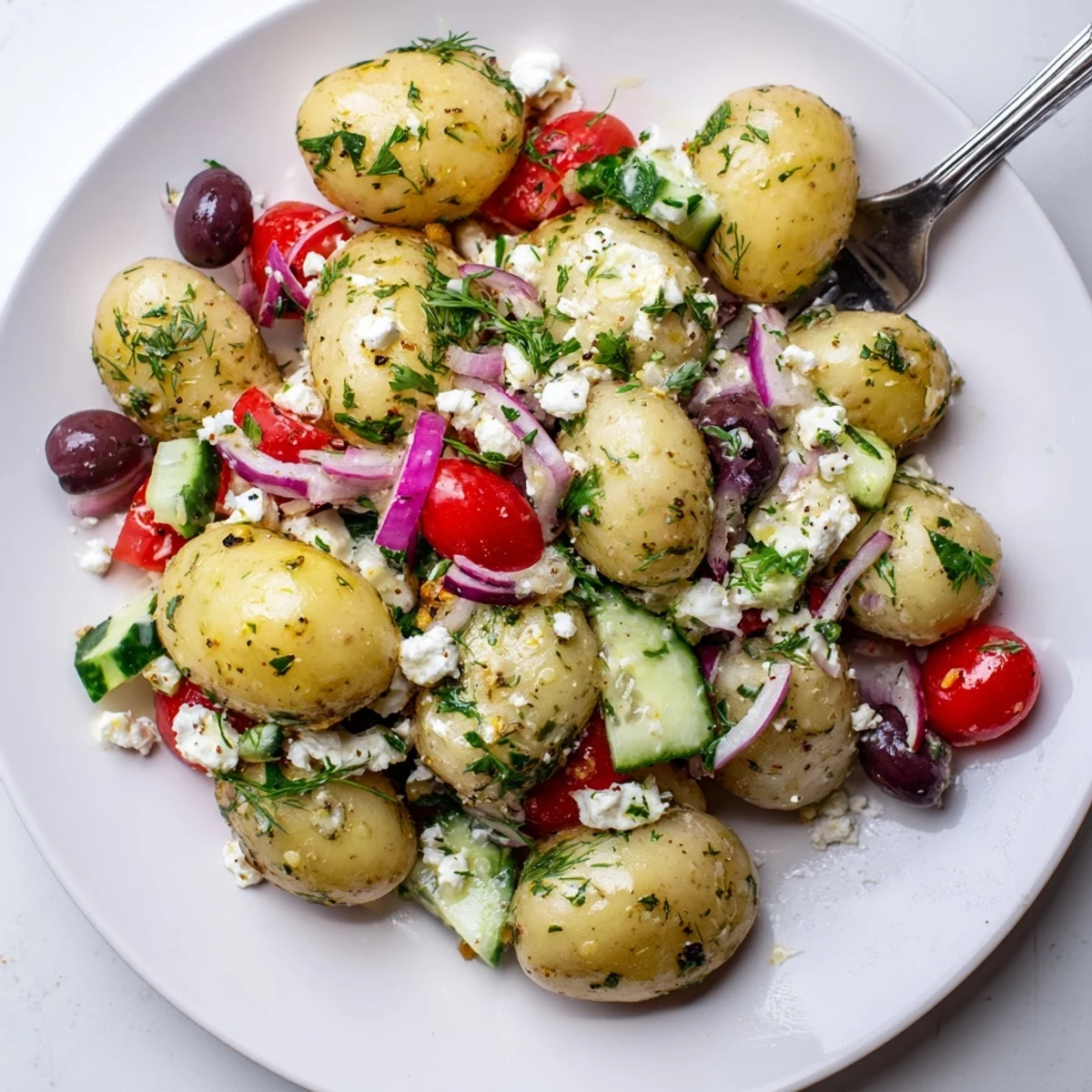 Bright bowl of Olive Greek Potato Salad tossed with feta and fresh herbs.