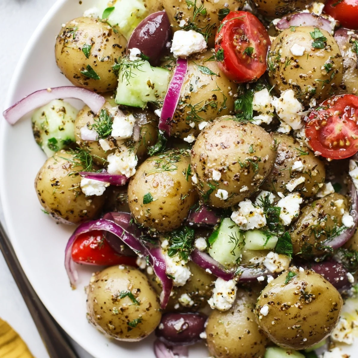 Chilled Olive Greek Potato Salad, diced cucumber and red onion for summer barbecues.