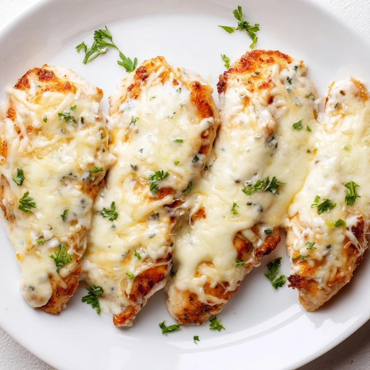 Baked Caesar Chicken With Creamy Parmesan Sauce with golden, bubbly crust and parsley