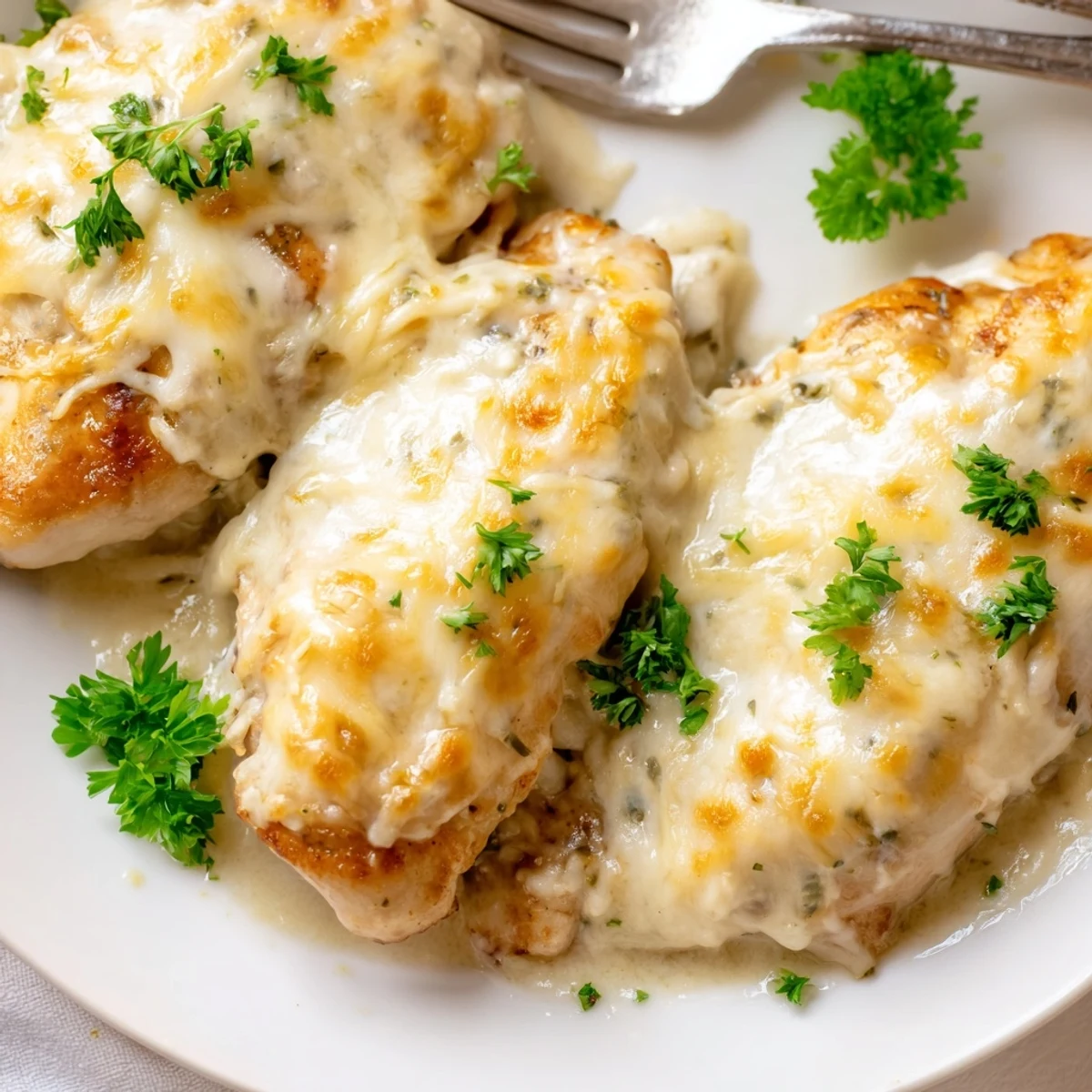 Family-style tray of Baked Caesar Chicken With Creamy Parmesan Sauce beside roasted vegetables