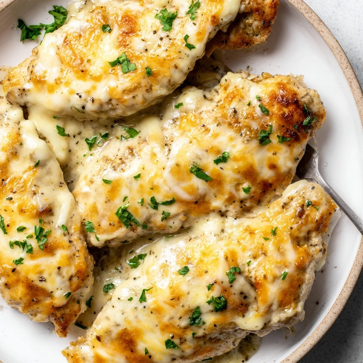 Close-up of Baked Caesar Chicken With Creamy Parmesan Sauce, mozzarella melting, ready to serve